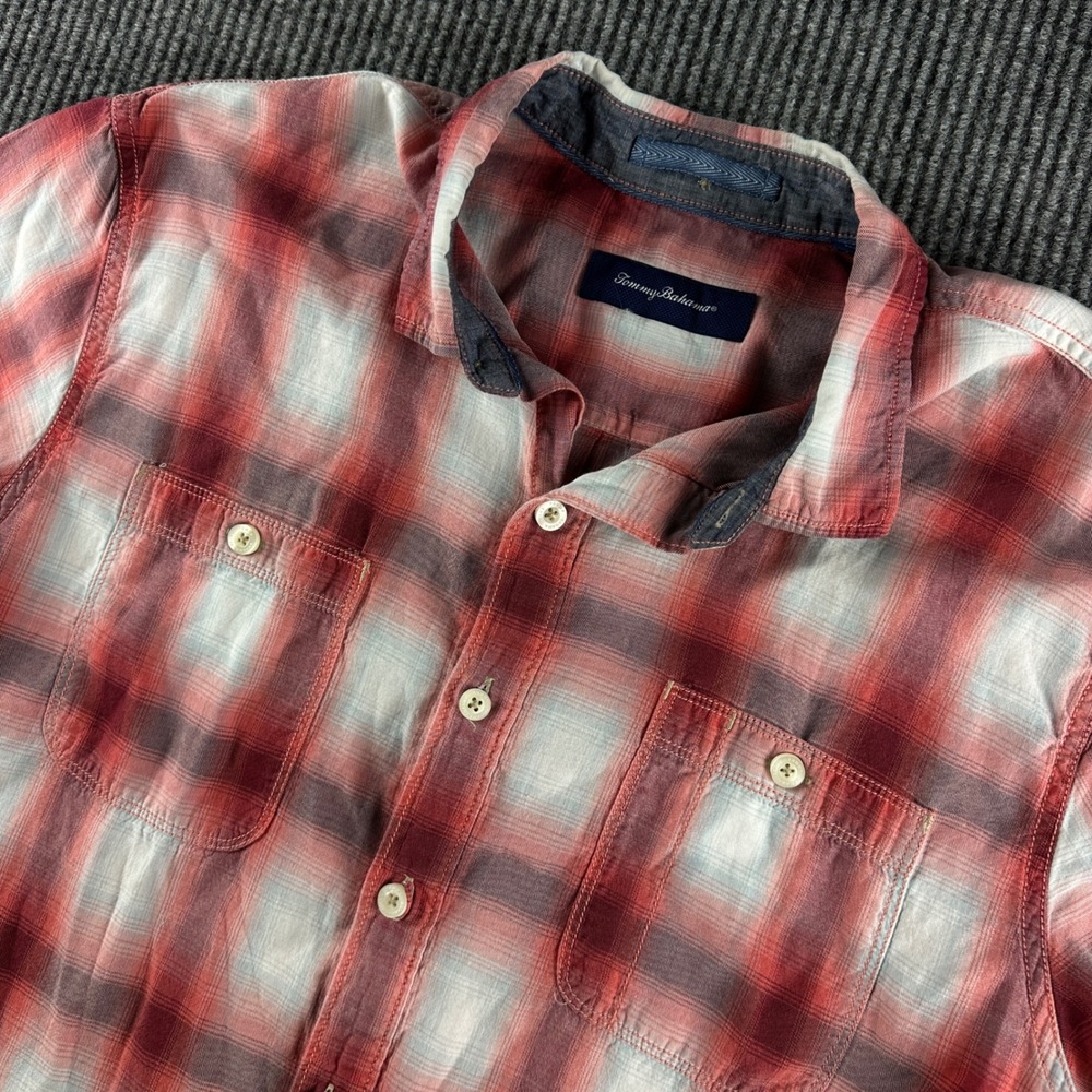 Tommy Bahama Mens Large Red Plaid Tencel Cotton Short Sleeve Button Down Shirt